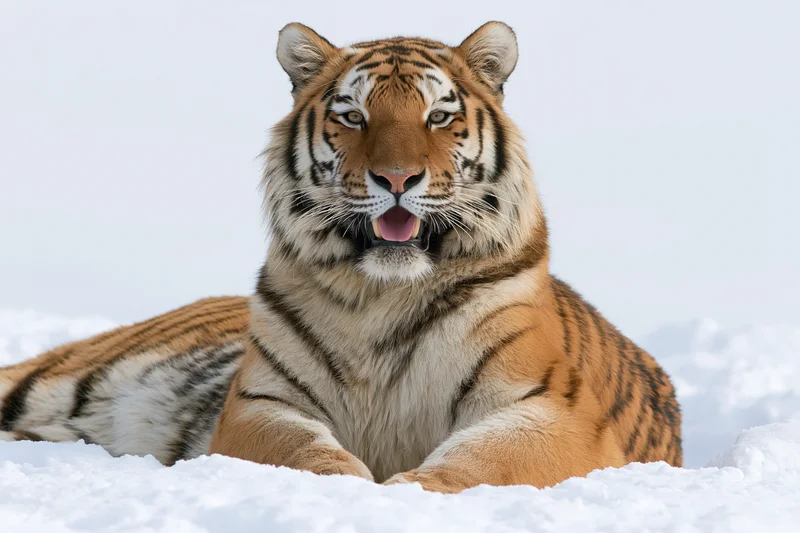 Amur tiger resting on snow with mouth open and tongue visible