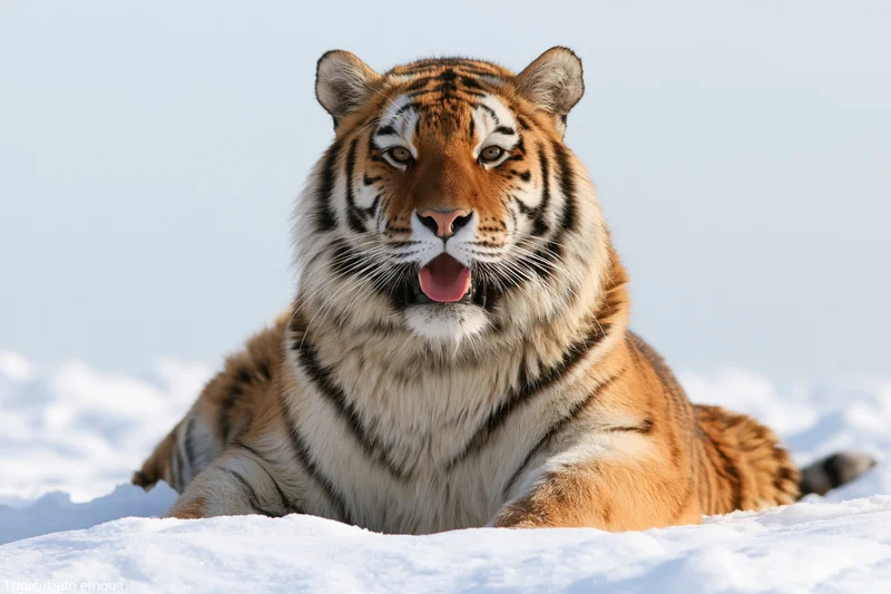 Amur tiger resting on snow with mouth open and tongue visible