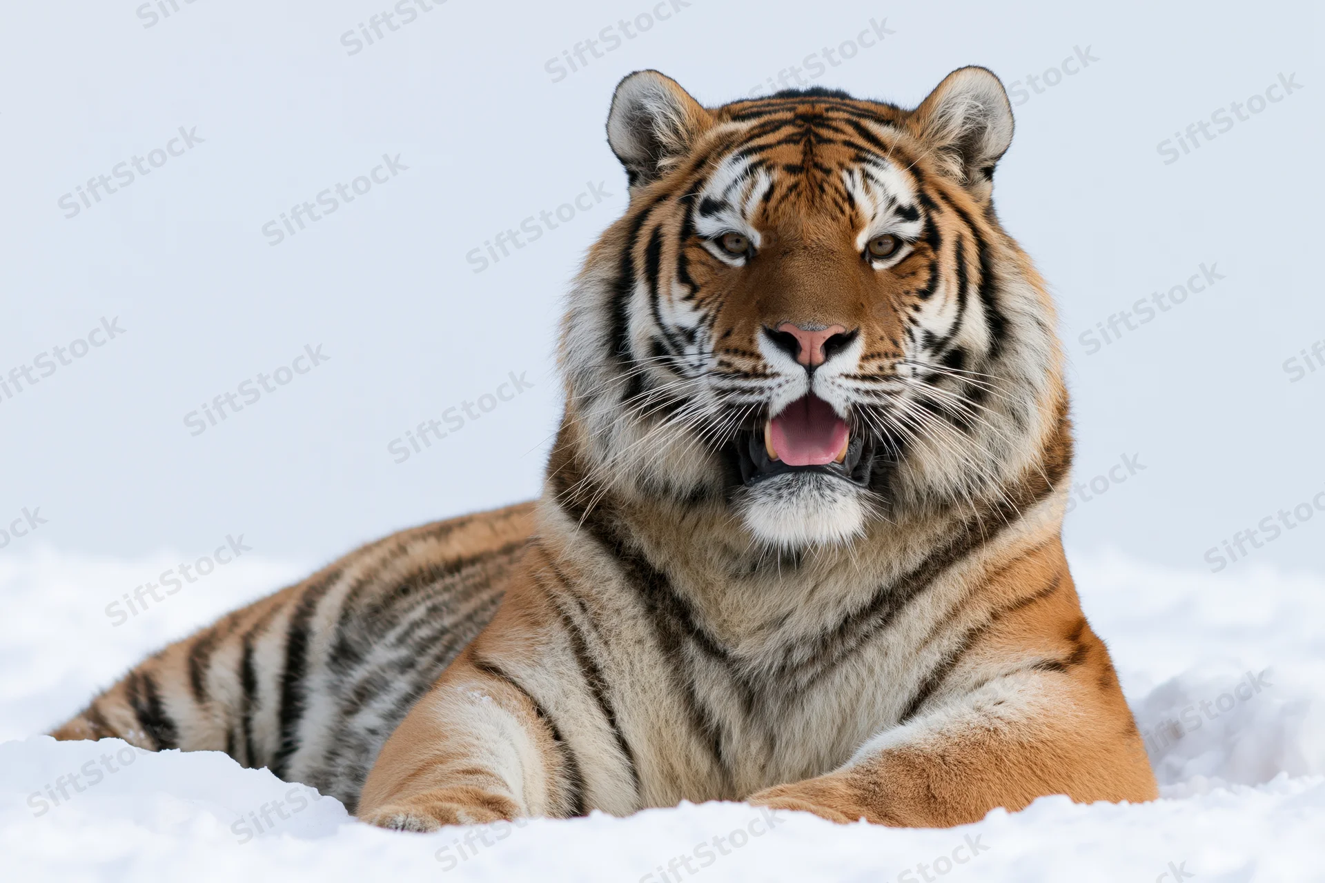 Amur tiger resting on snow with mouth open and tongue visible
