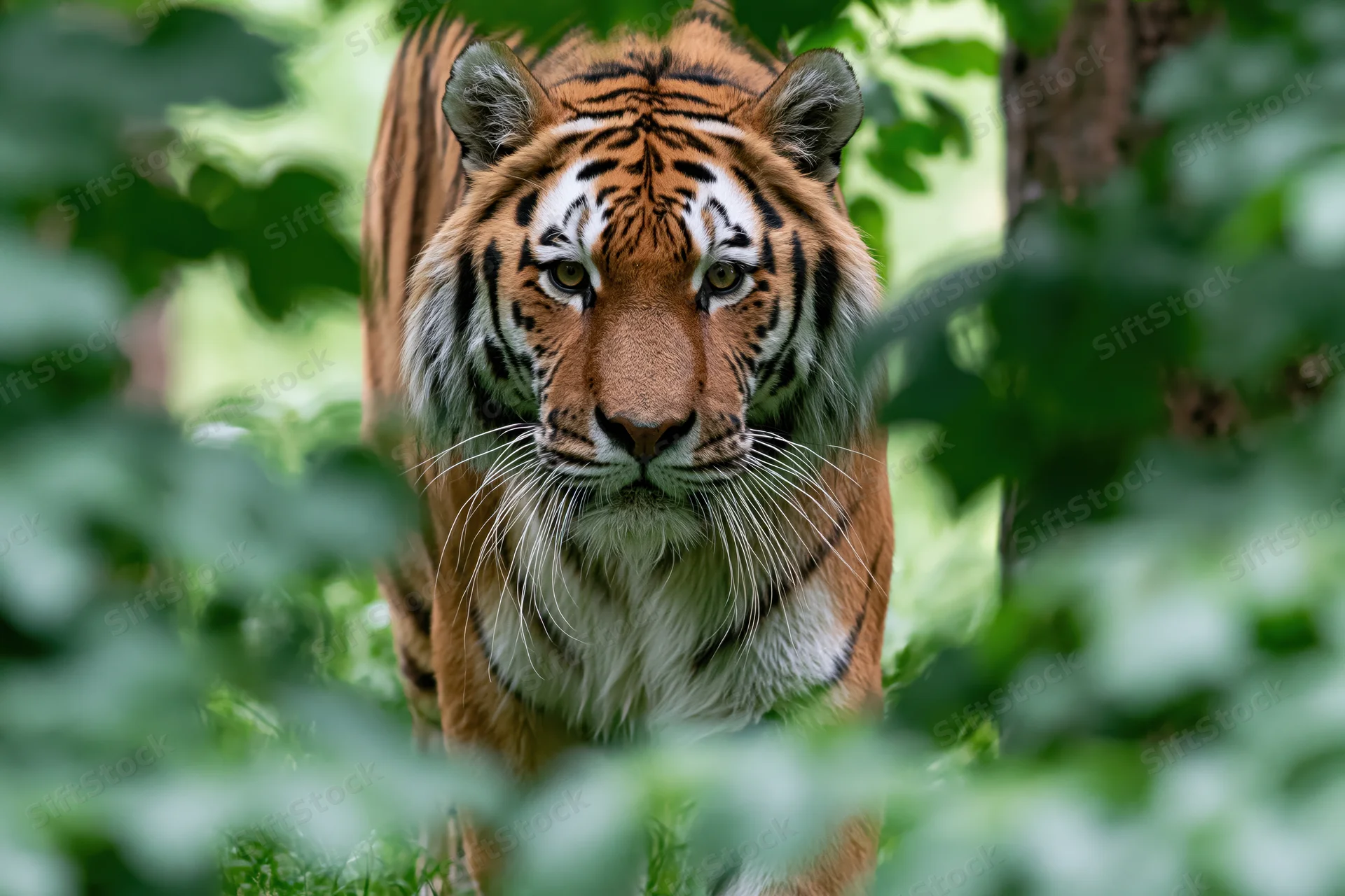 Amur tiger walking directly toward camera through dense green foliage in forest habitat