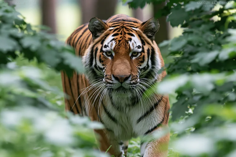 Amur tiger walking directly toward camera through dense green foliage in forest habitat
