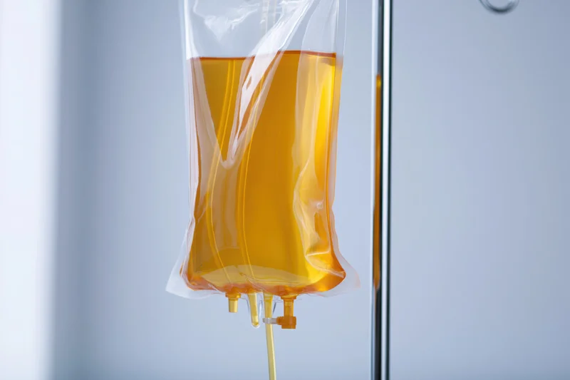 Amber-yellow iv fluid bag hanging from chrome medical stand in hospital setting