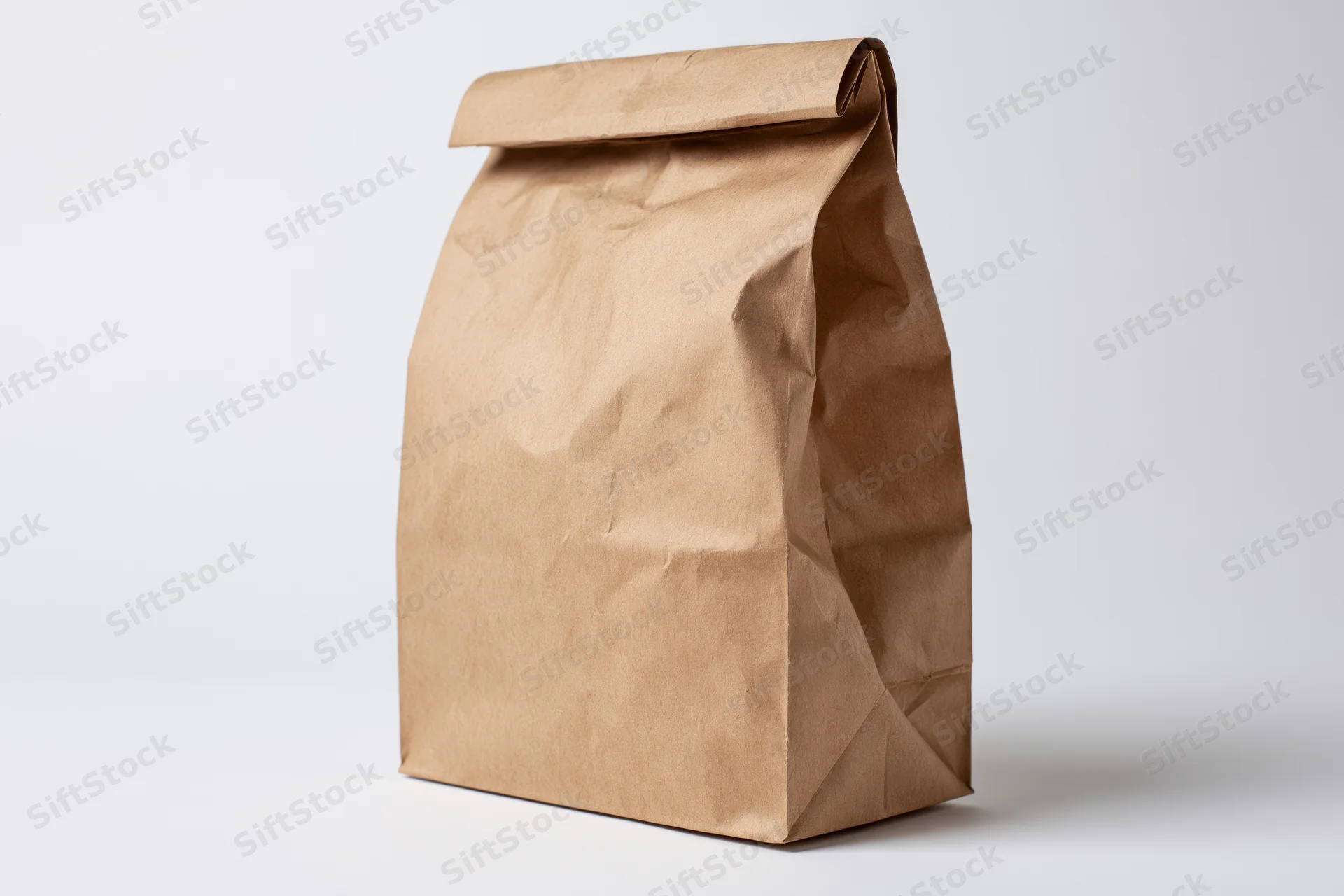 Brown kraft paper bag standing upright with folded top on white background