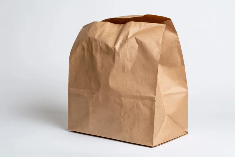 Open brown kraft paper bag standing upright with crumpled texture on white background