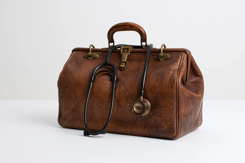 Vintage brown leather doctor's bag with black stethoscope resting on white surface