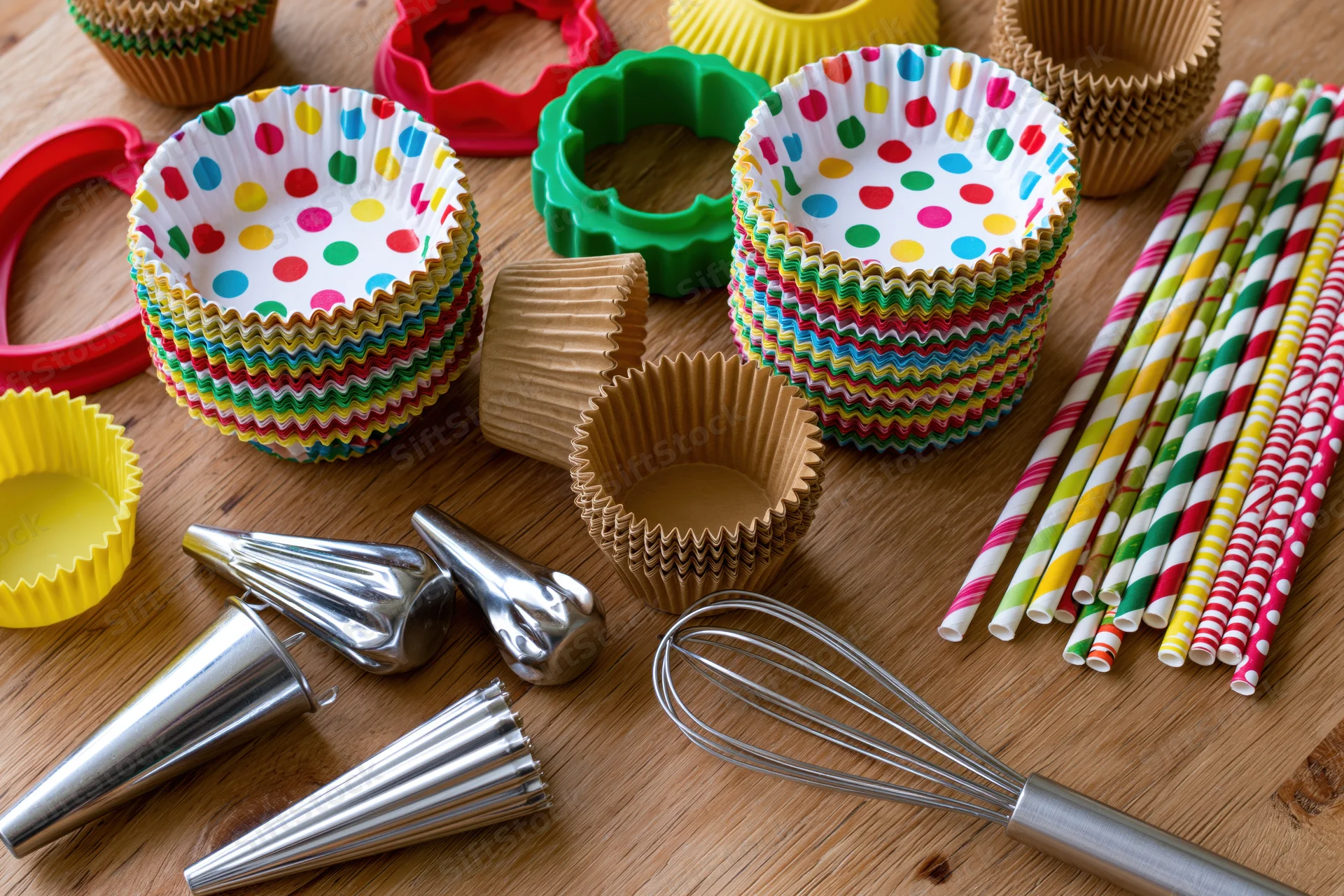 Baking supplies including colorful cupcake liners, paper straws, metal piping tips, and a whisk arranged on a wooden table