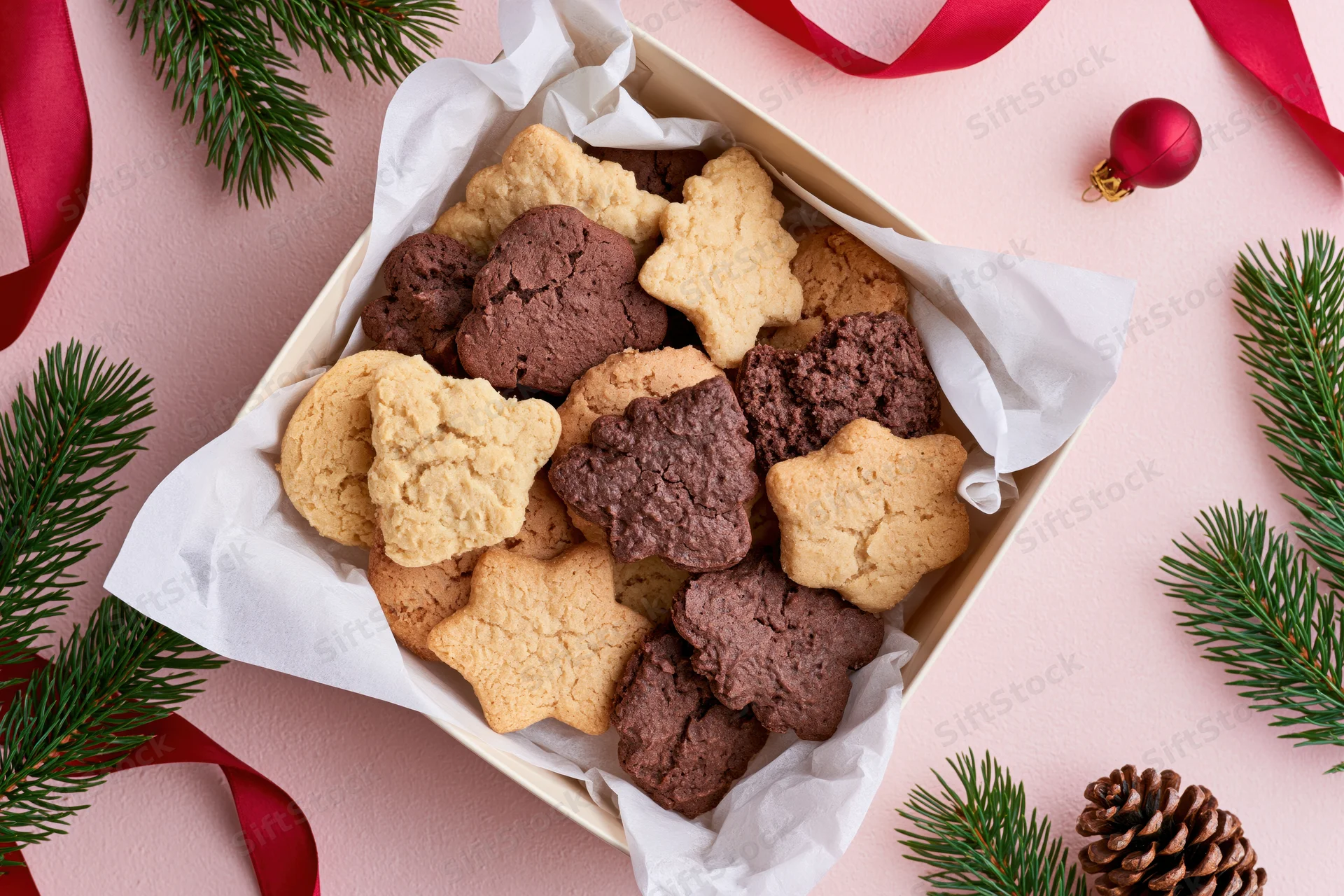 Assorted holiday cookies in a parchment-lined box surrounded by pine branches and red ribbon on pink background