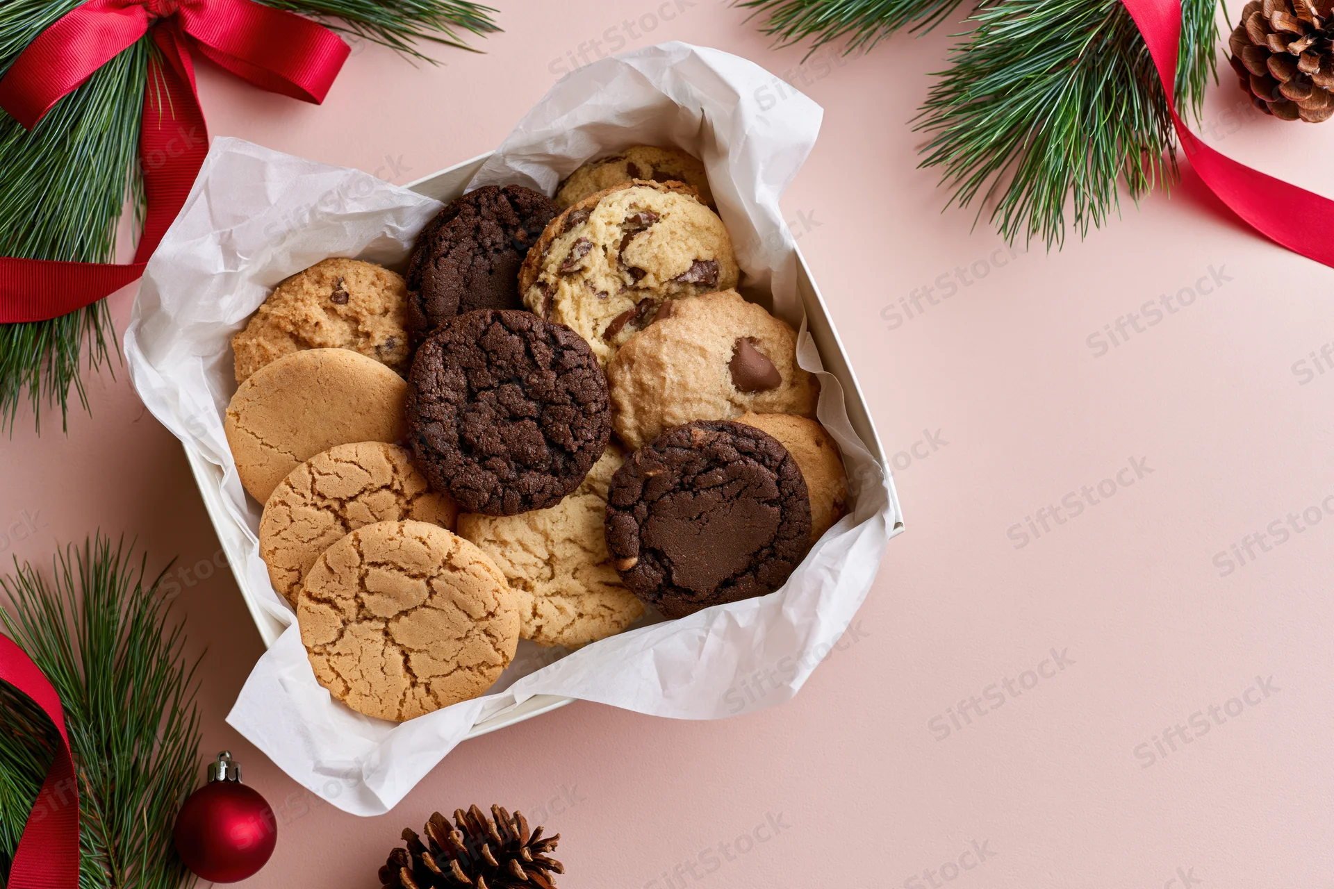 Assorted holiday cookies in a parchment-lined box surrounded by pine branches and red ribbons on a pink surface