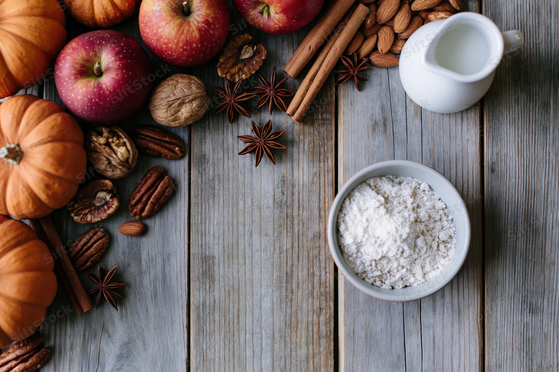 Autumn baking ingredients arranged along left edge of rustic wooden table with copyspace on right