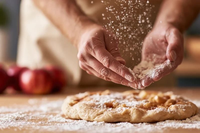 Hands dusting powdered sugar over a rustic apple pie on a wooden surface