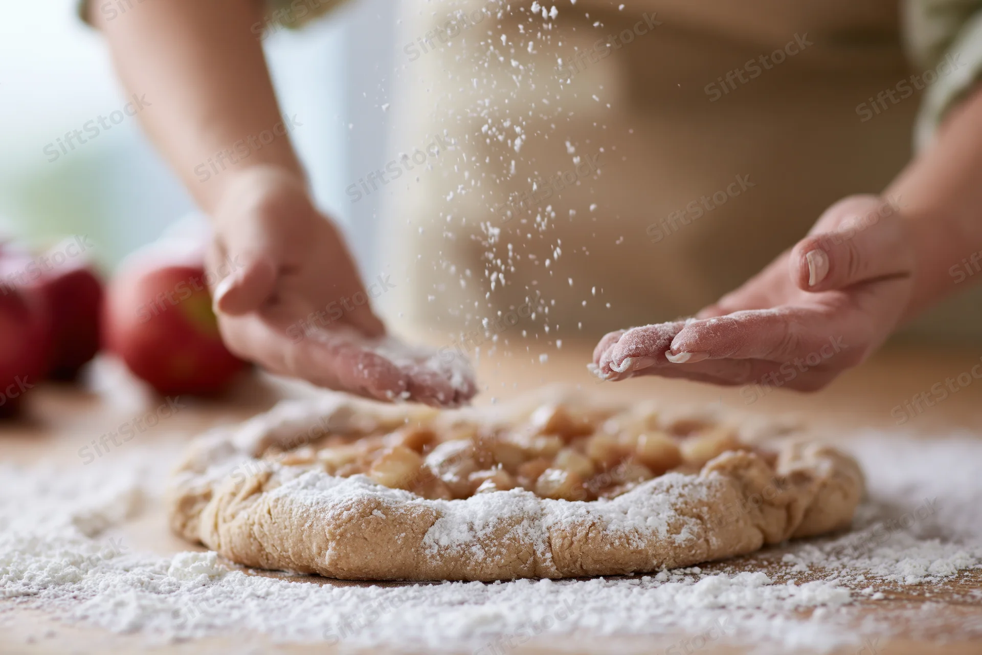 Baker's hands sprinkling powdered sugar over a rustic apple pie on a floured wooden countertop