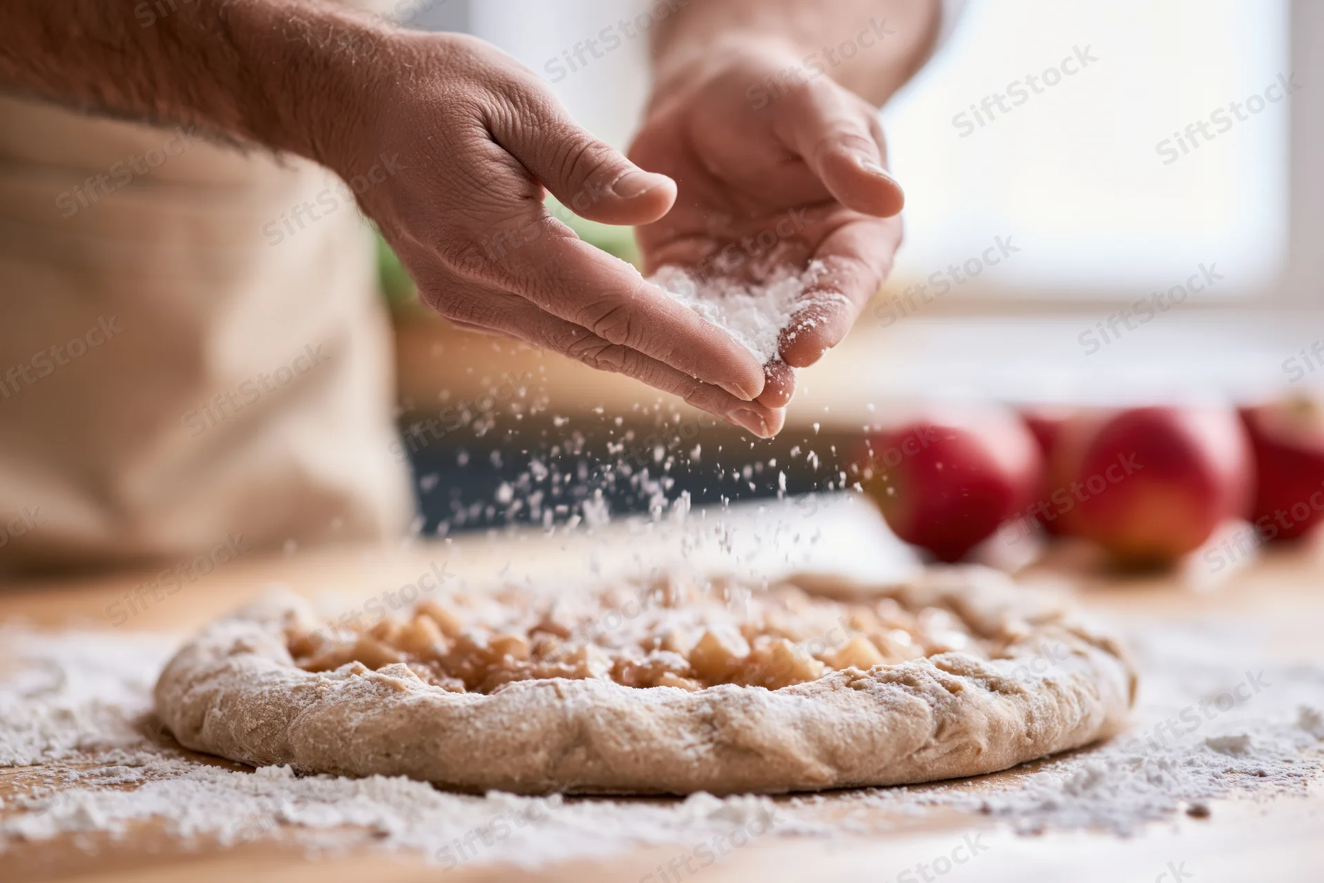 Baker's hands sprinkling powdered sugar over a rustic apple pie on a floured wooden board