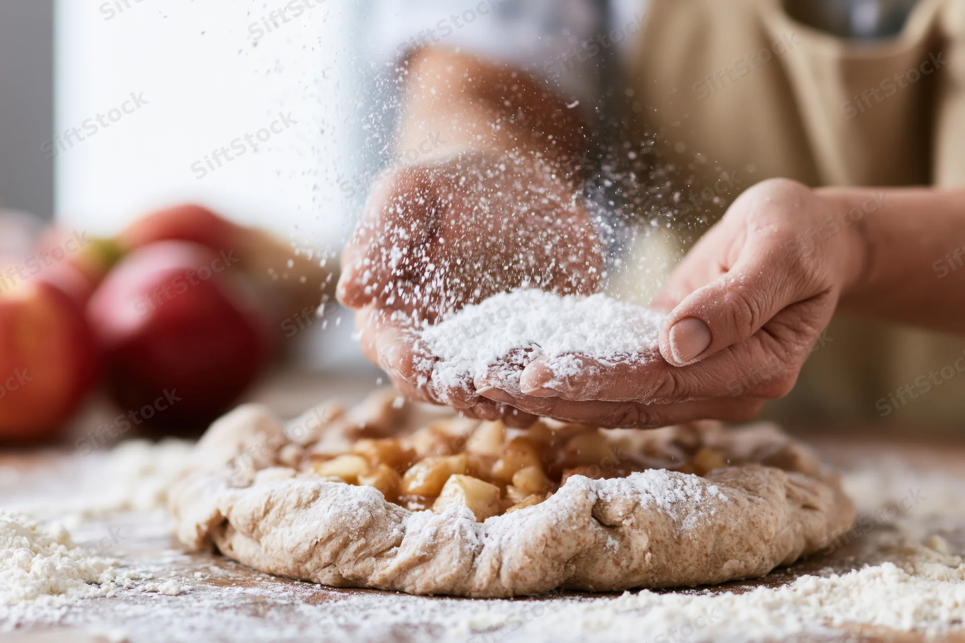 Baker's hands sprinkling powdered sugar over a rustic apple pie on a wooden countertop