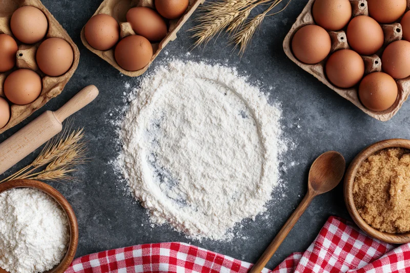 Baking ingredients arranged as a flat lay on a dark stone countertop