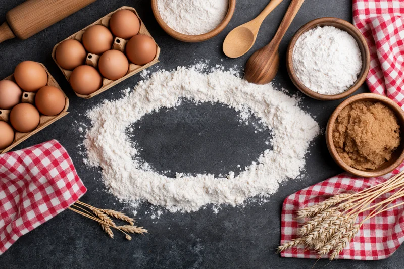 Baking ingredients arranged in a flat lay on a dark stone countertop with flour forming a circle and checkered cloth accents