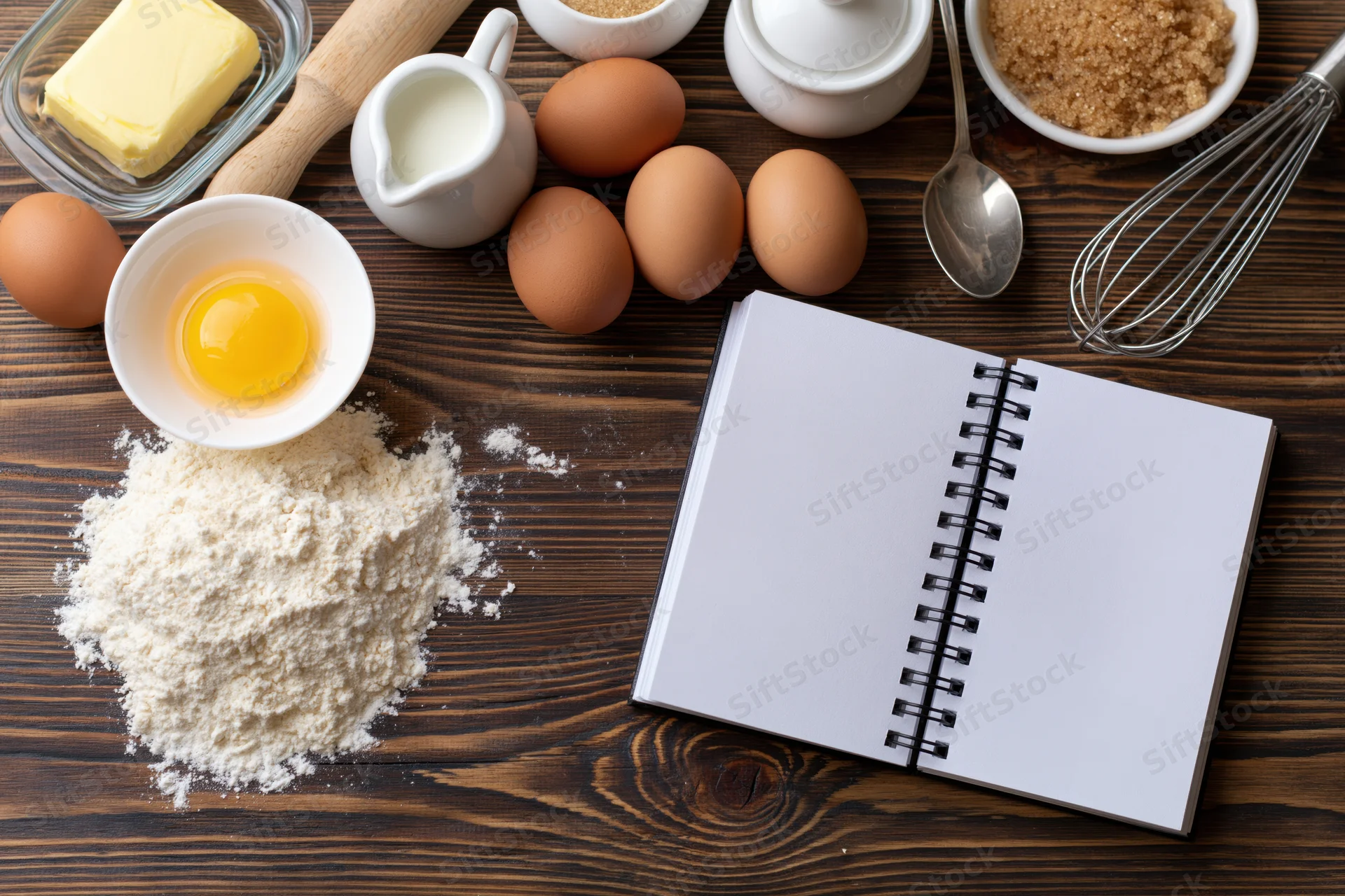 Baking ingredients arranged flat lay on dark wooden table with blank notebook for recipe writing