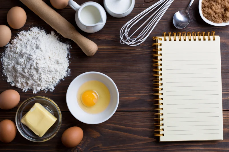 Baking ingredients and notebook arranged on dark wooden table in flat lay view