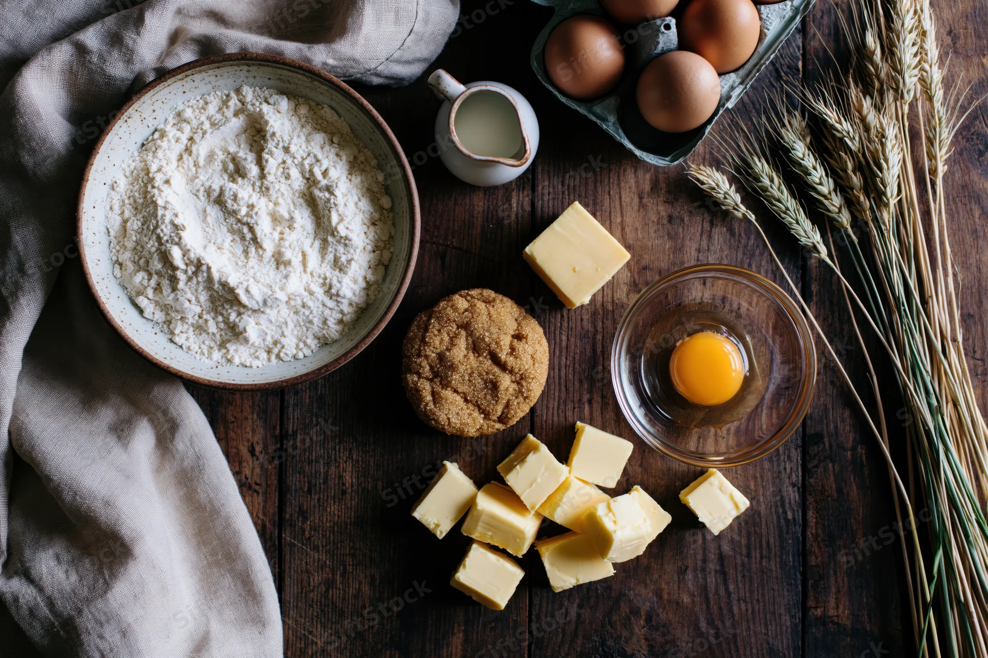 Baking ingredients arranged flat lay on dark wooden table