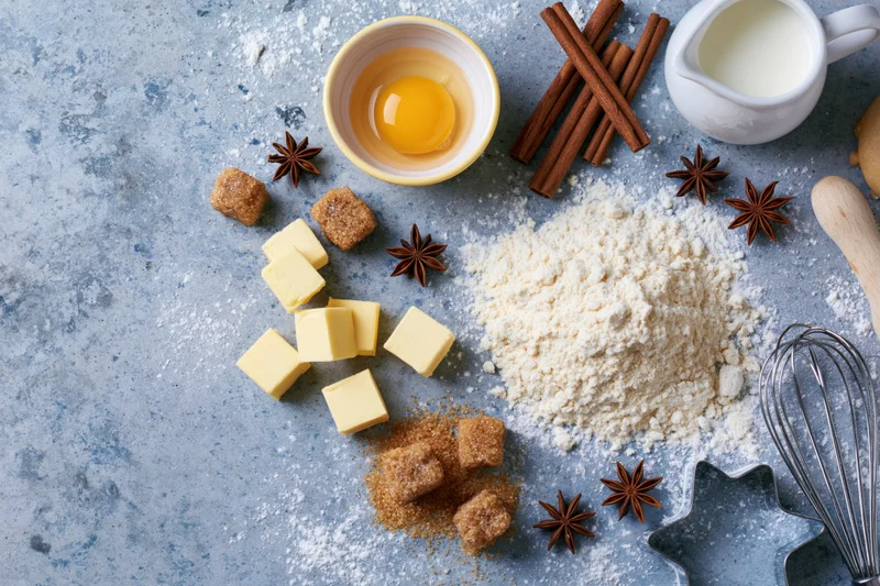 Baking ingredients arranged on a flour-dusted countertop with egg, butter, sugar, cinnamon and milk