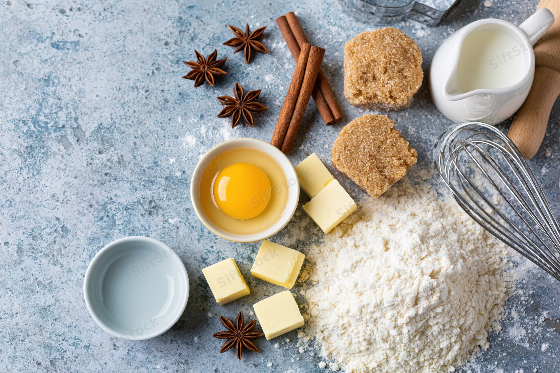 Baking ingredients arranged on a flour-dusted surface with egg, butter, sugar, cinnamon and star anise