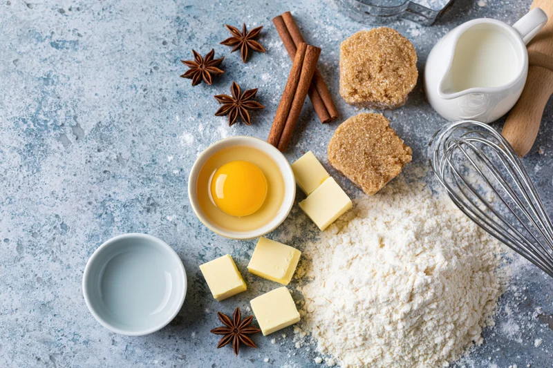 Baking ingredients arranged on a flour-dusted surface with egg, butter, sugar, cinnamon and star anise