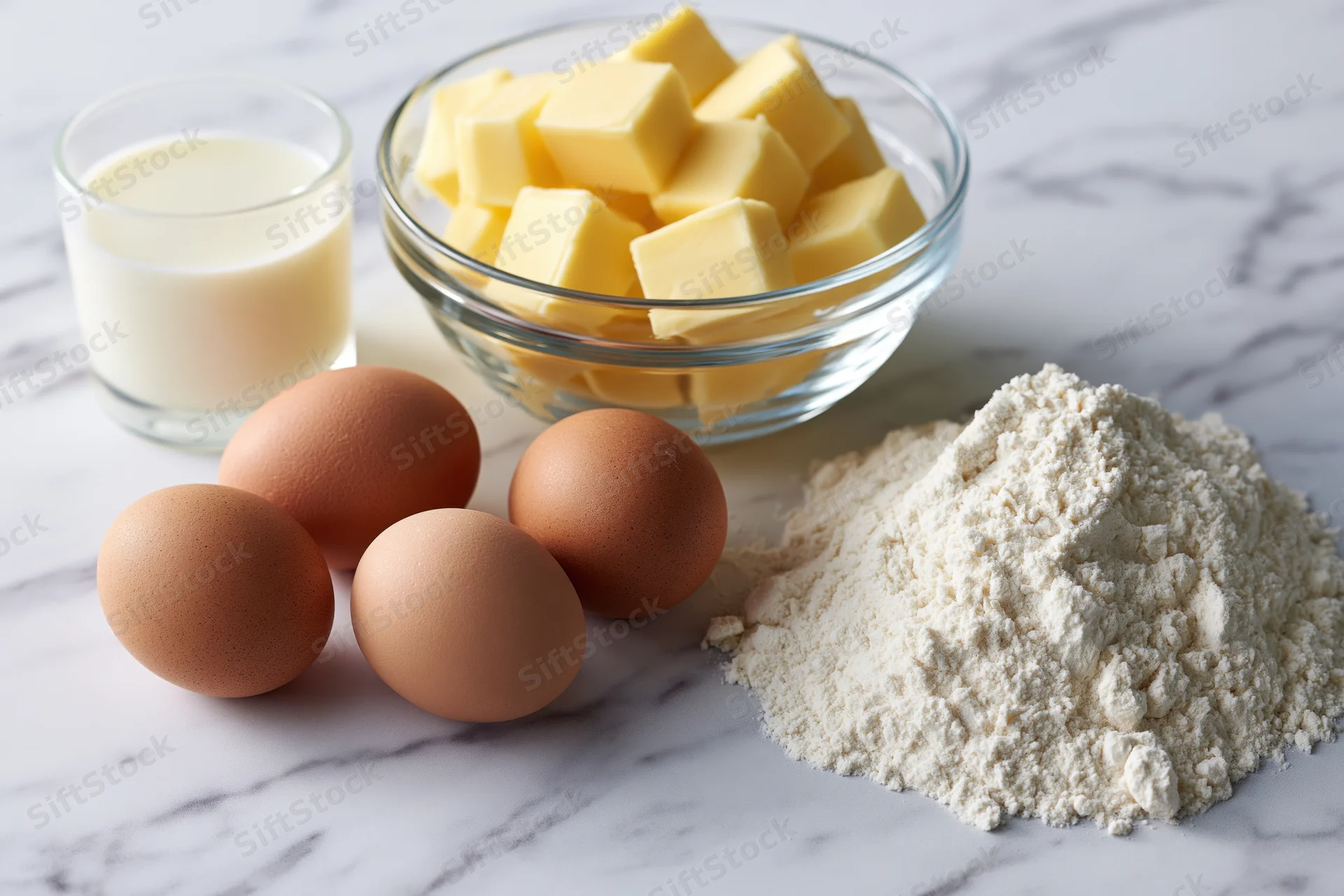 Baking ingredients including flour, eggs, butter and milk arranged on a white marble countertop