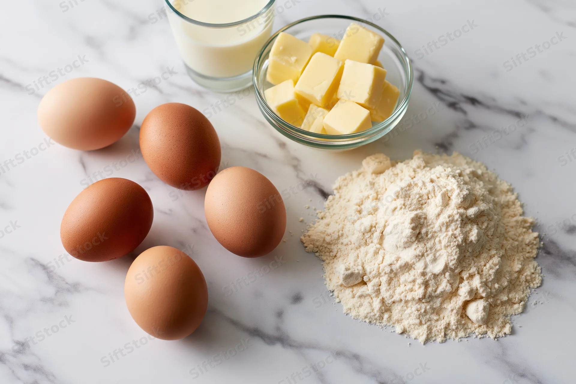 Baking ingredients including flour, eggs, butter and milk arranged on a white marble countertop