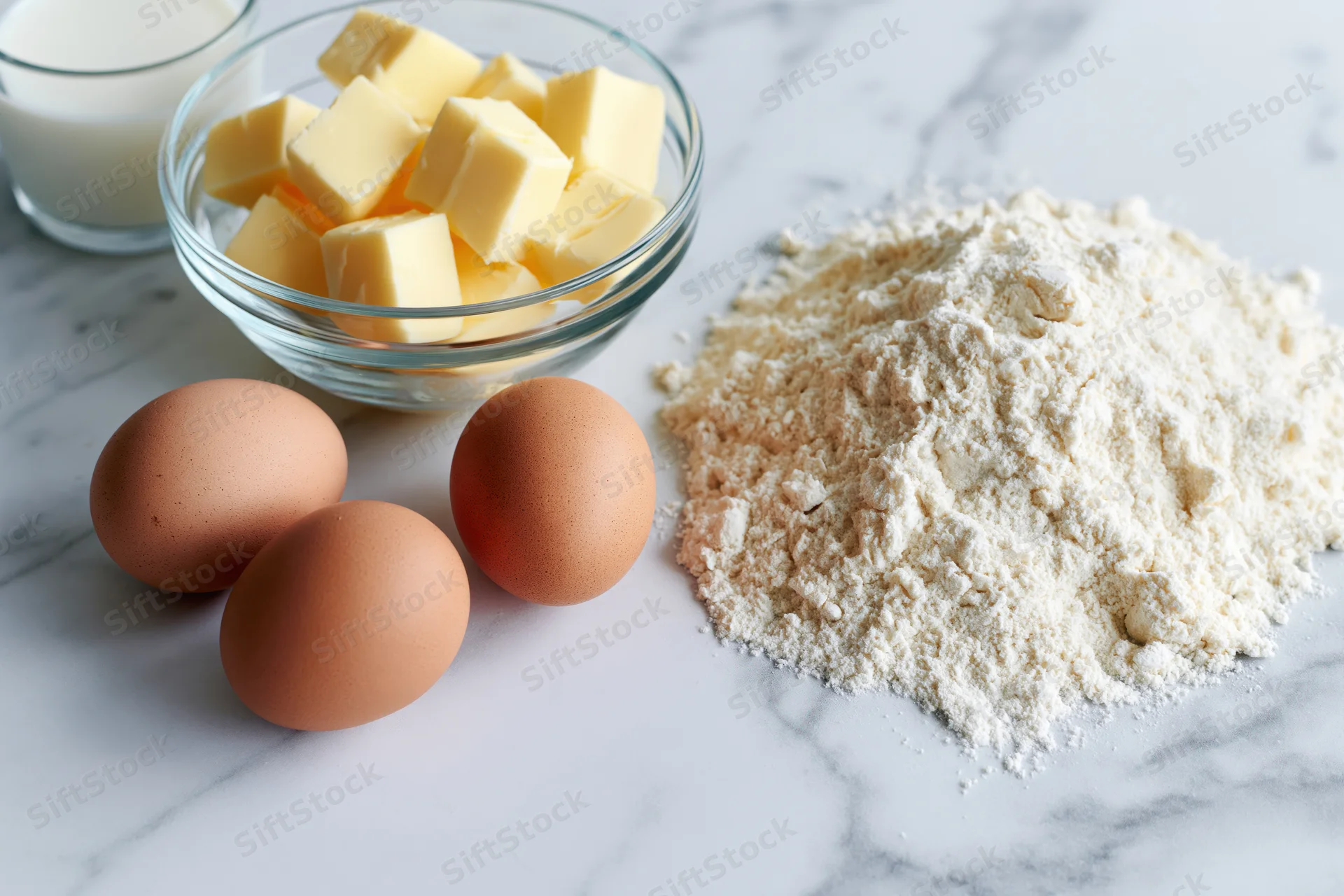 Baking ingredients including flour, eggs, butter and milk arranged on a white marble countertop