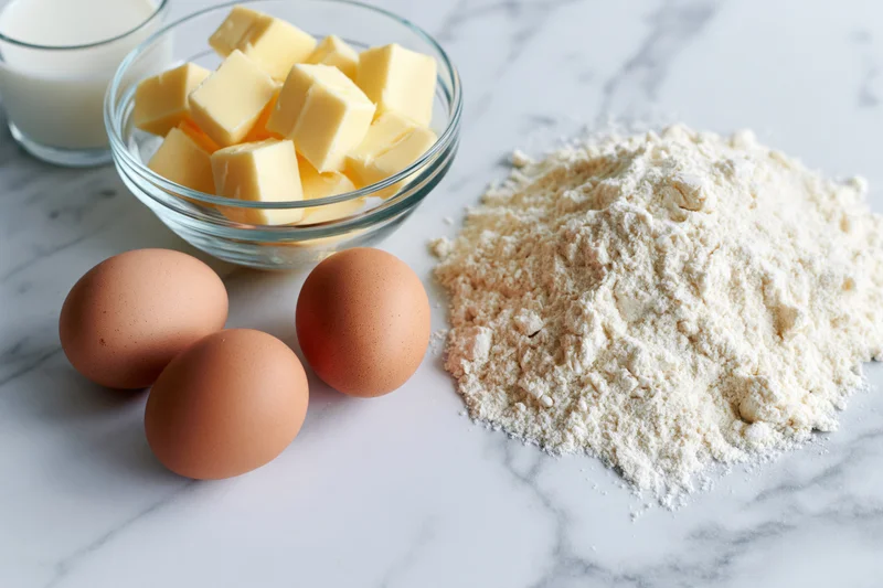 Baking ingredients including flour, eggs, butter and milk arranged on a white marble countertop