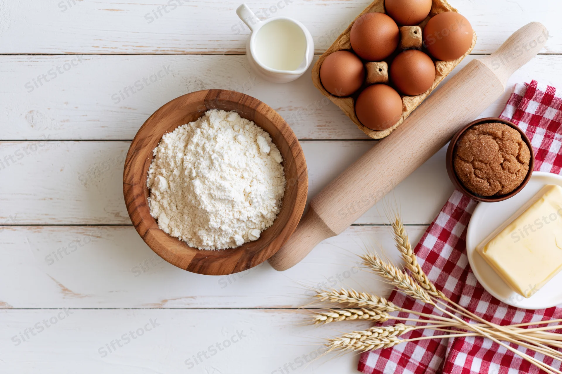Baking ingredients arranged on a white wooden table with rolling pin and wheat stalks