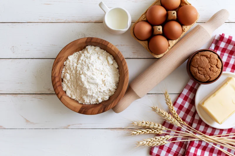 Baking ingredients arranged on a white wooden table with rolling pin and wheat stalks