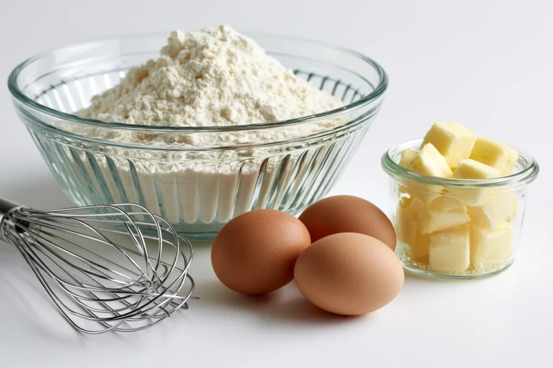 Baking ingredients including flour, eggs, butter and a whisk arranged on a white surface