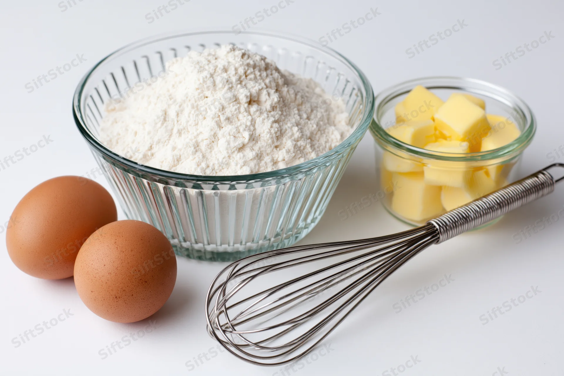 Baking ingredients including flour, eggs, butter and a whisk arranged on a white surface