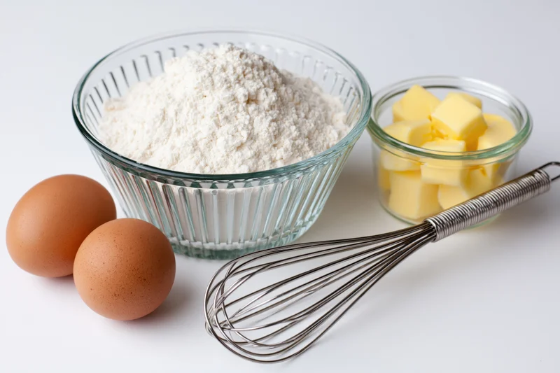 Baking ingredients including flour, eggs, butter and a whisk arranged on a white surface