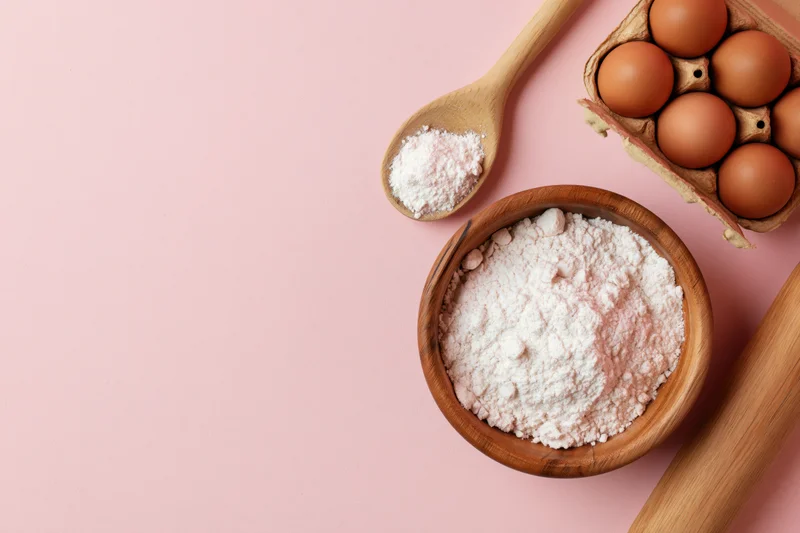 Baking ingredients arranged in upper right corner on pink surface
