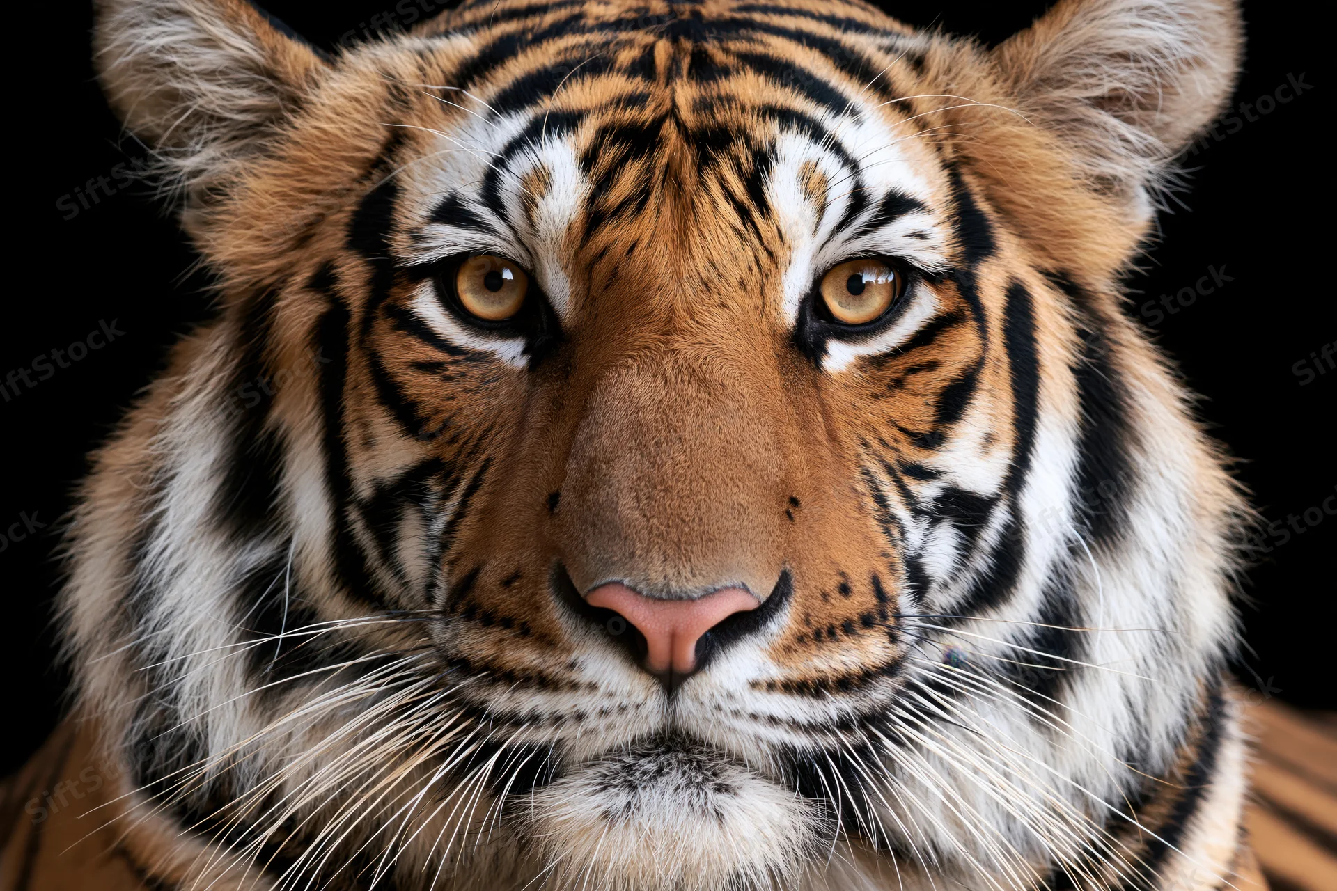Closeup portrait of a bengal tiger staring directly into the camera against a black background