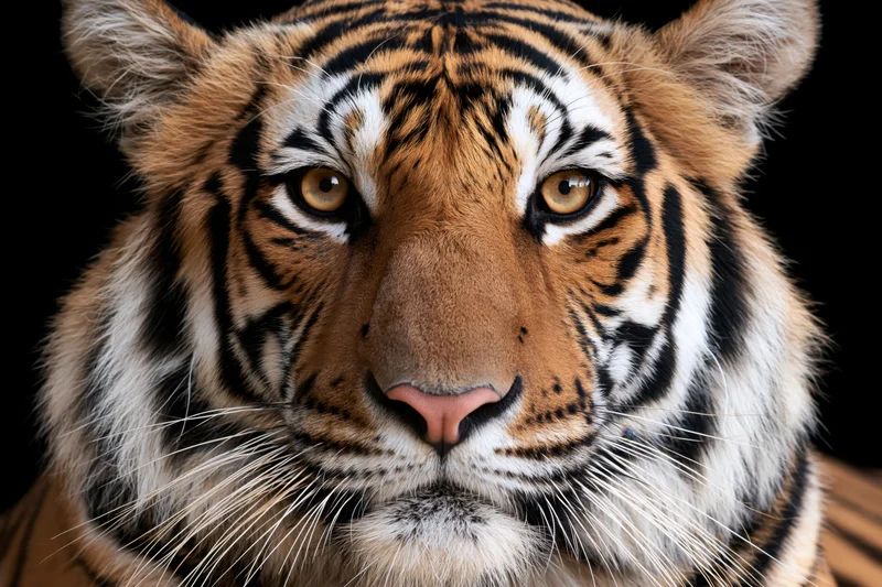 Closeup portrait of a bengal tiger staring directly into the camera against a black background