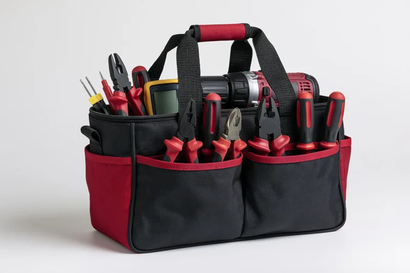 Black and red nylon tool bag filled with electrician hand tools on white background