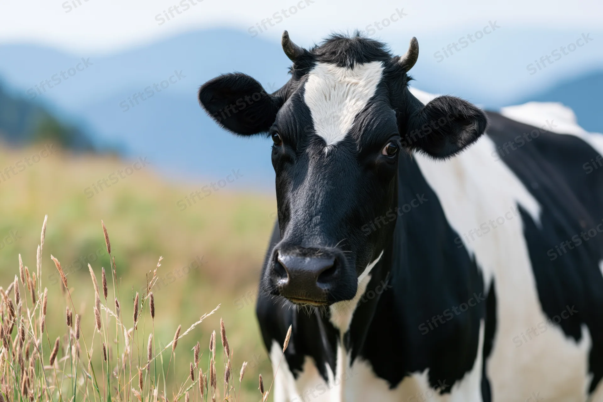 Black and white holstein cow facing camera in a grassy pasture with mountains in the background