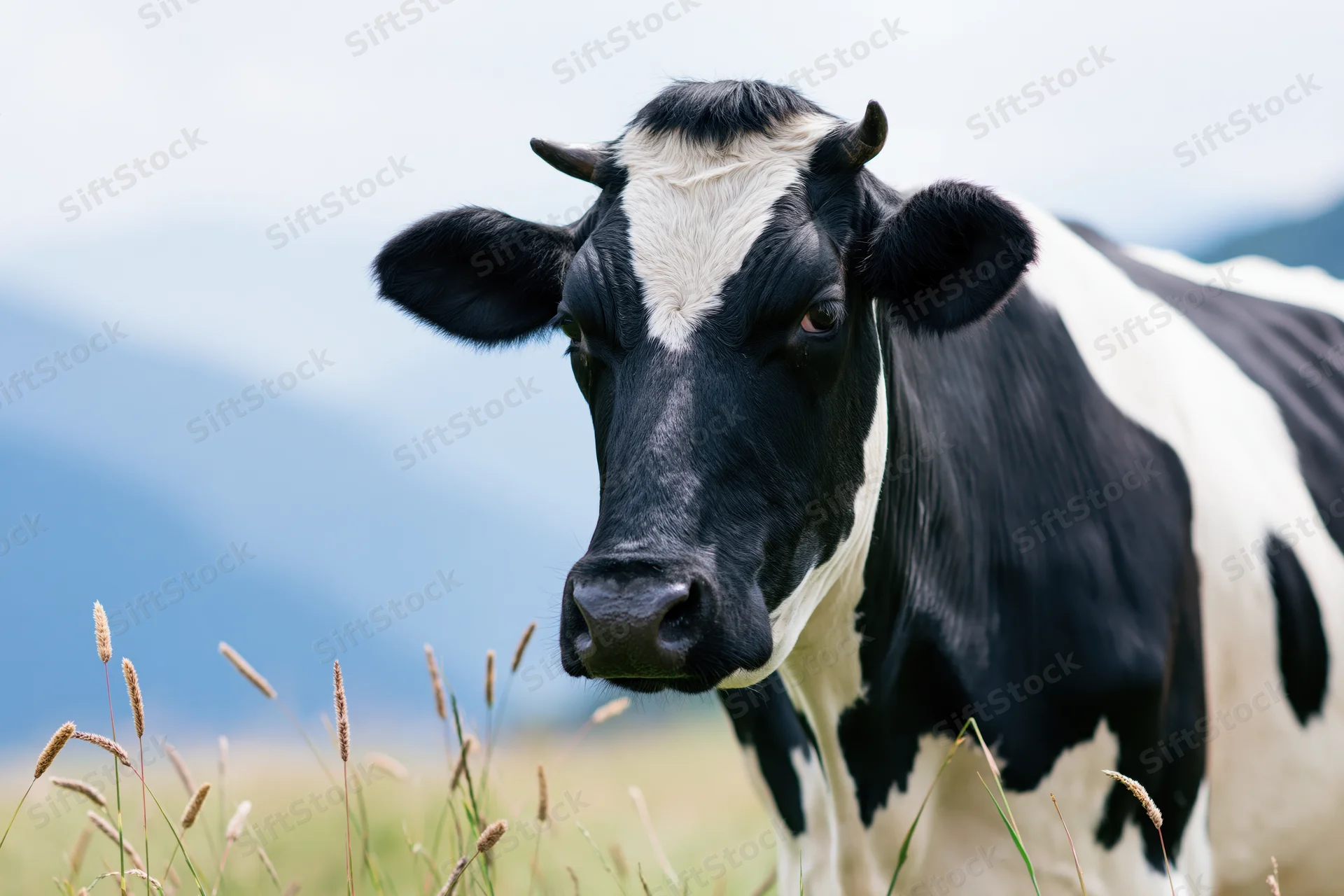 Black and white holstein cow facing camera in a grassy pasture with mountains in the background