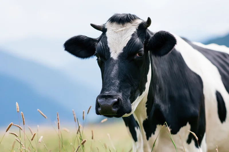 Black and white holstein cow facing camera in a grassy pasture with mountains in the background