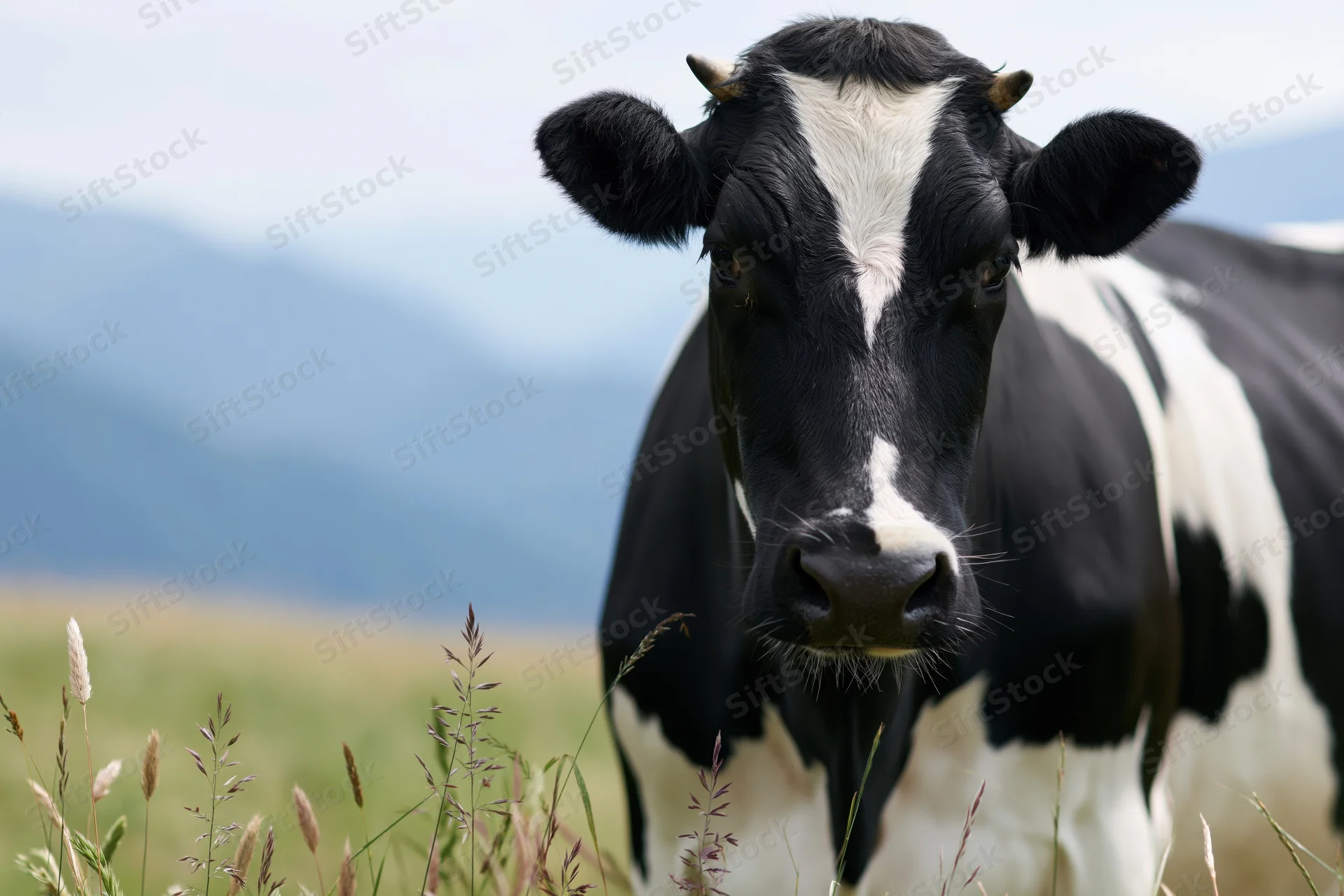 Black and white holstein cow facing camera in a grassy pasture with mountains in the background