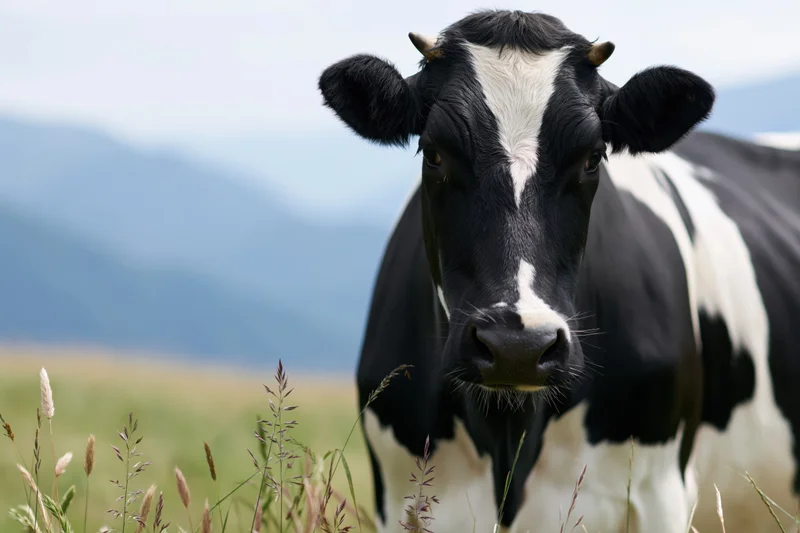 Black and white holstein cow facing camera in a grassy pasture with mountains in the background