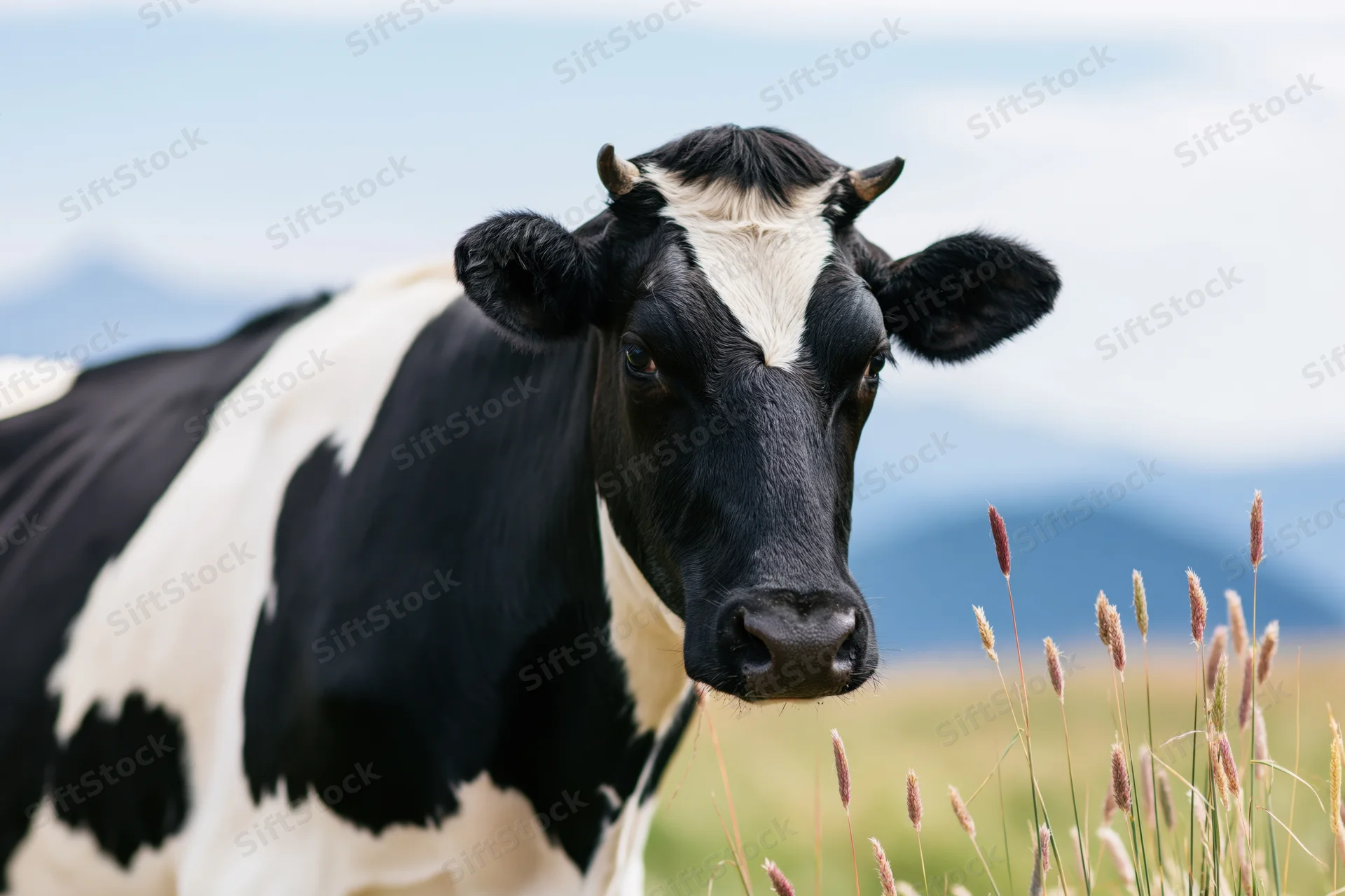 Black and white holstein cow facing camera in a grassy pasture with mountains in the background