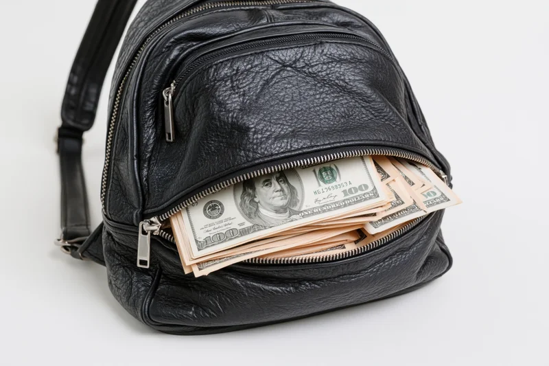 Black leather backpack with open zipper revealing stacks of hundred-dollar bills
