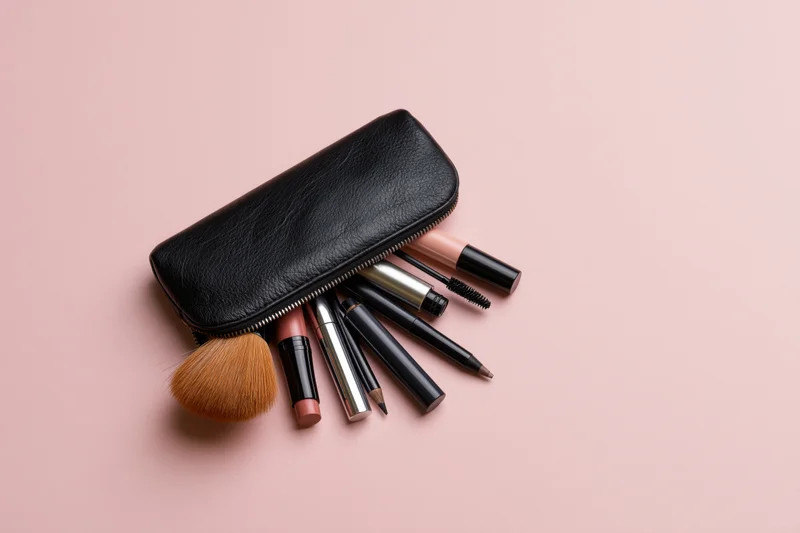Black leather makeup pouch open with brushes and cosmetics spilling out on pink surface