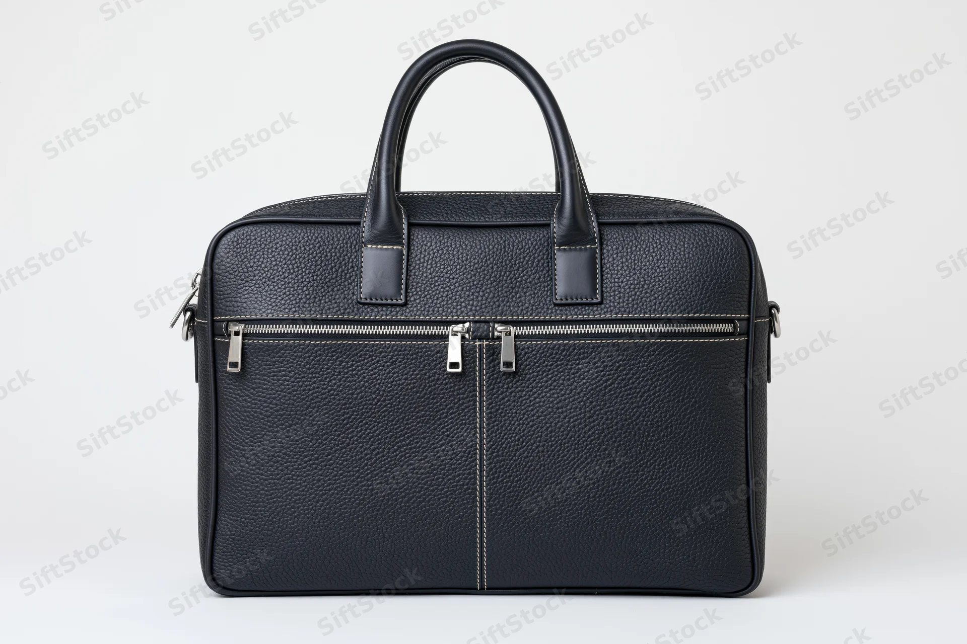Black pebbled leather briefcase standing upright with top handle and front zippers on white background