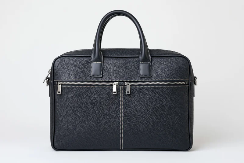 Black pebbled leather briefcase standing upright with top handle and front zippers on white background