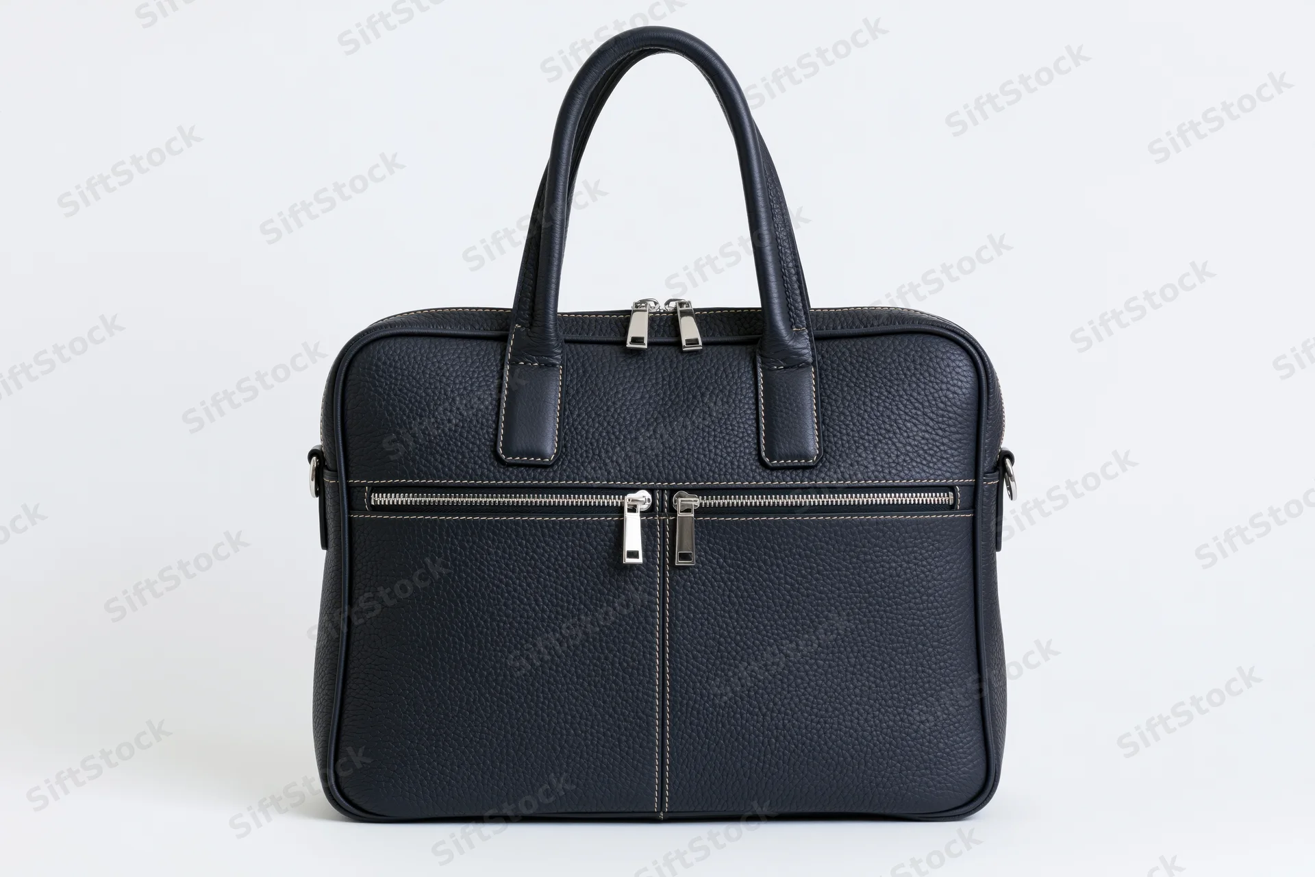 Black pebbled leather briefcase standing upright on white background