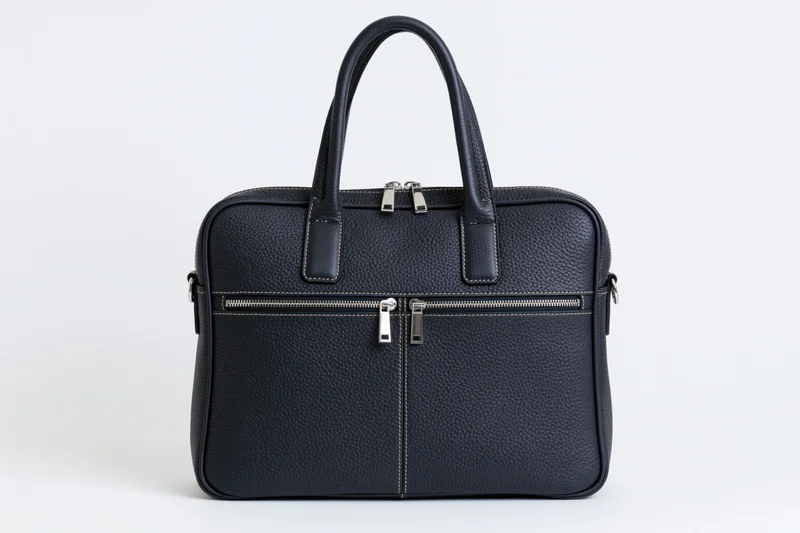 Black pebbled leather briefcase standing upright on white background